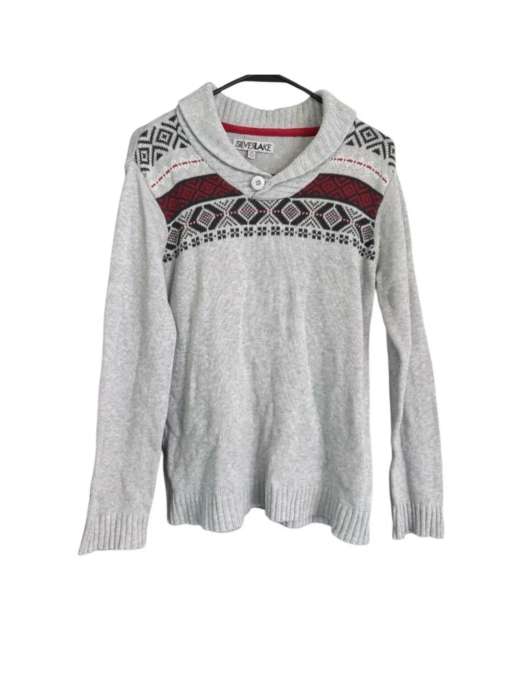 Silverlake Fair Isle Shawl Collar Nordic Knit Sweater Gray Red XL
